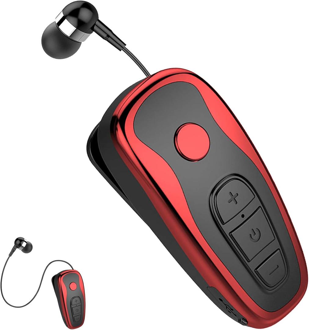 Retractable Wireless Headphone Headset Stereo Earphone lightweight V5.0 Noise Cancelling Mic Clip on Earpiece workout Sports running Business Trucker Driver Music Earbuds For Iphone android Phone Red