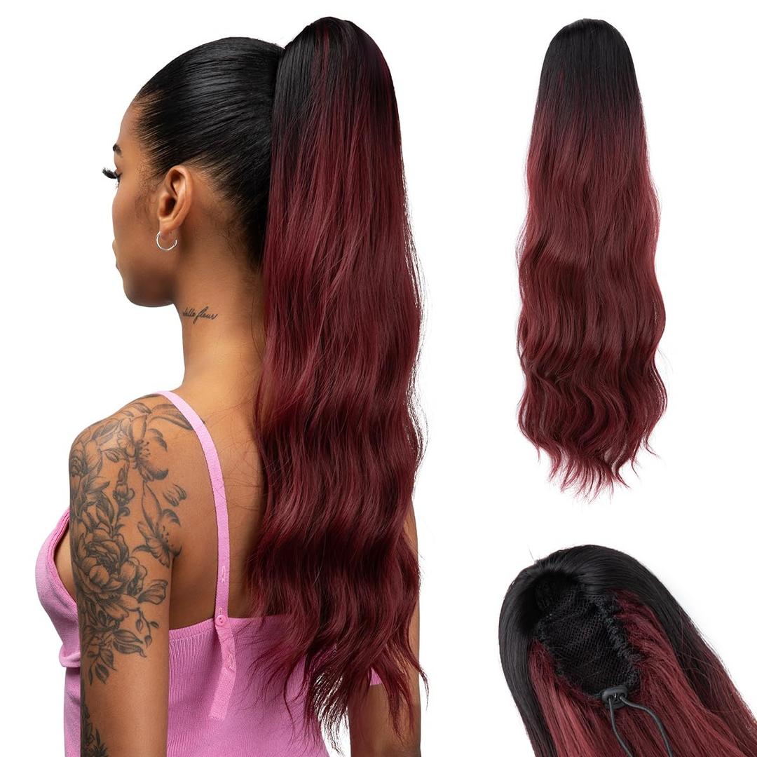 Long Drawstring Ponytail Hair Extension Body Wave 22 Inch Synthetic Fake Layered Pony Tail Hairpieces for Women Burgundy with Black Root
