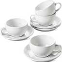 LE TAUCI Cappuccino Cups with Saucers 8 oz, Set of 4 Large Ceramic Coffee Cup Set for Latte, Au Lait, Flat White, Mocha, Tea Cup Set, Dishwasher Safe, Embossed Coffee Cups, White