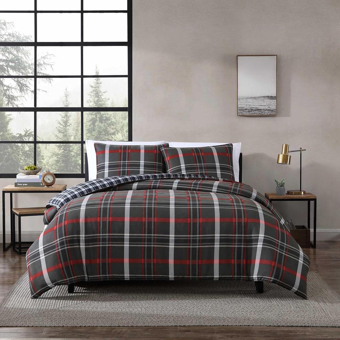 Eddie Bauer - Twin Duvet Cover Set, Reversible Bedding with Matching Sham, Medium-Weight, Dorm Essentials (Willow Plaid Grey)