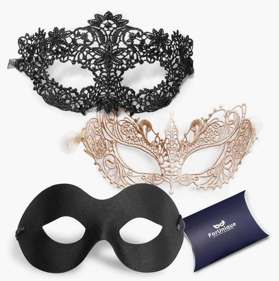 Masquerade Mask for Couples Women and Men - 3 Pack Venetian Gold and Black Lace, Mardi Gras Mask