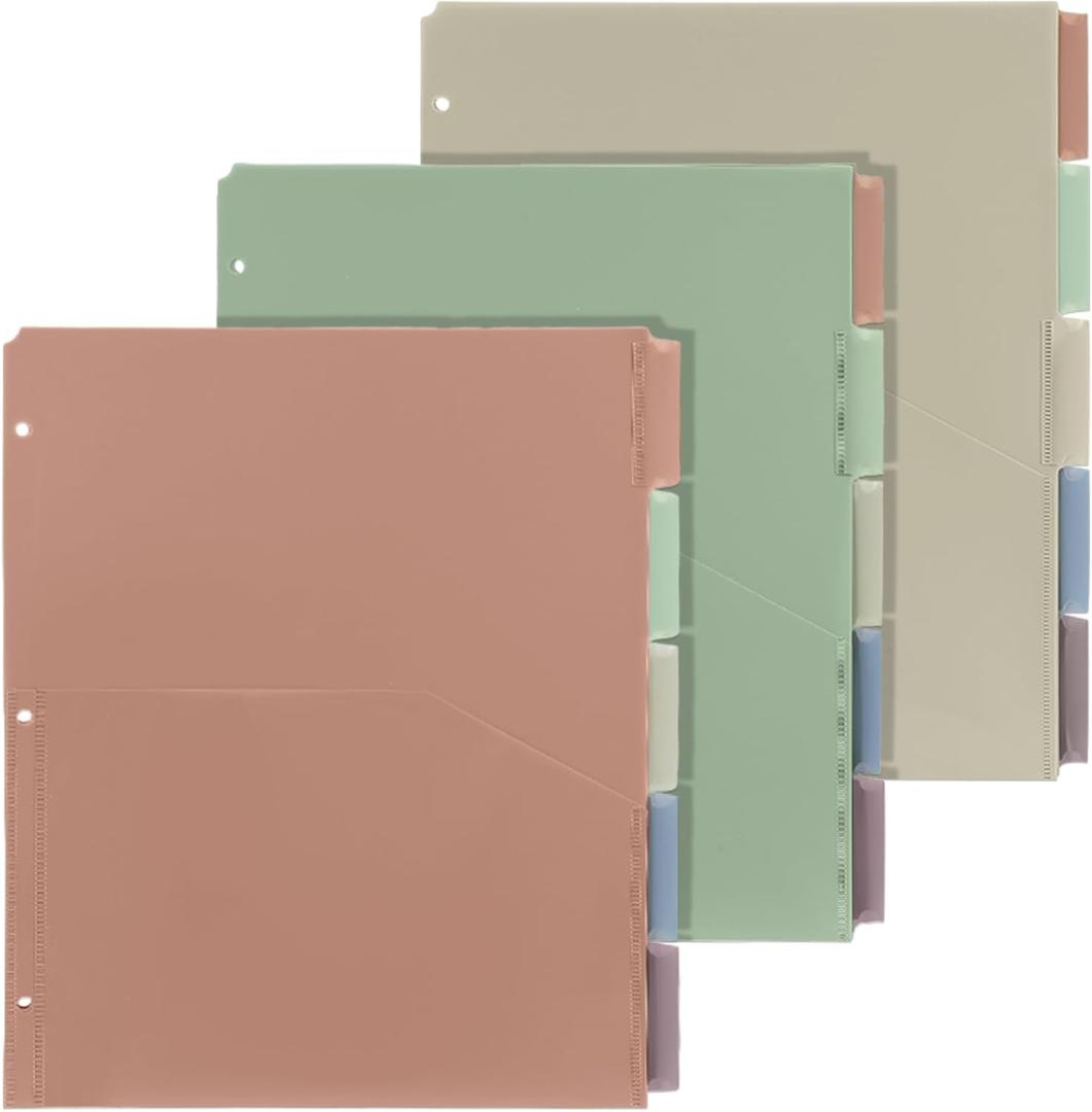 3 Sets 5 Tab Binder Dividers with Pockets for 3 Ring Plastic Binders 8.5 x 11 Inches 3 Hole Punched Page Dividers Sturdy Colorful Dividers for Office School Business Home Organizer (Boho Color)