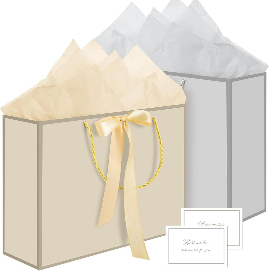 woric 2 Pcs Gold & Silver Gift Bags with Handles, 14" Medium Gift Bags with 4 Tissue Paper & 2 Cards Present Wrap Bag for Wedding Bridal Shower Mother's Day Birthday Party