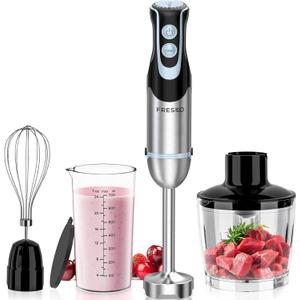 FRESKO Immersion Blender Handheld, 4-in-1 Stainless Steel Hand Stick Blender Electric with 12-Speeds & Turbo Mode, Powerful 500W Emulsion Blender with Beaker, Chopper & Whisk for Smoothies, Soup (Blender+Whisk+Chopper+Measuring Cup)