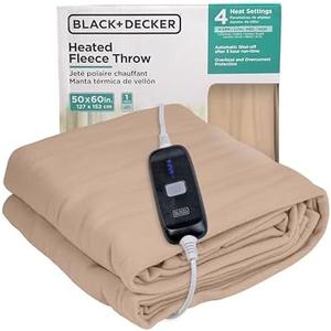BLACK+DECKER Heated Blanket Electric Throw, Fleece Electric Blanket, Heating Blanket with 4 Heating Levels, 3H Timer, Auto Shutoff, Fast Heating (50x60 inches, Mushroom)