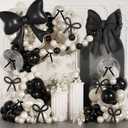 Black Bow Birthday Decorations,187Pcs Black and White Balloon Arch Kit with Clear Bow Foil Double Stuffed Pearl Balloons Ribbon Bow Pearl Stickers for Bow Coquette Birthday Bachelor Bridal Baby Shower