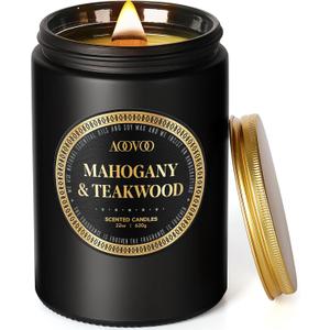 AOOVOO Scented Candles for Men - Large Mahogany & Teakwood Candles for Home Scented | Crackling Wood Wick Soy Candle | Strong Fragranced Masculine Black Candle Gift for Women & Men, 22oz