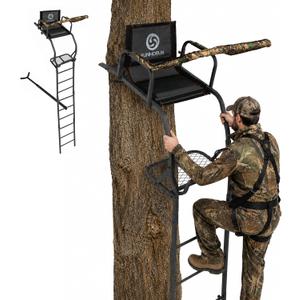 FUNHORUN Ladder Tree Stand for Deer Hunting, 15FT Treestand with Seat | Hunting Stand with Shooting Rail, Camouflage Fabric Armrest, 1 Person Heavy Duty Stand, Elevated Climbing Treestand Platform