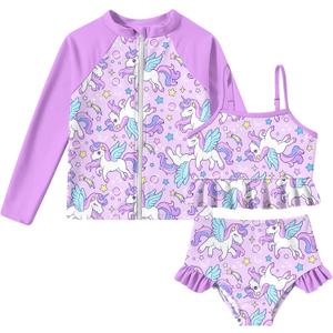 Funnycokid Girls Swimsuit Kids Bathing Suit Rashguard Swimwear Long Sleeve 3 Piece Toddler 5 Years (Purple, 4-5 T)