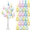 Aurelema 4 ft Easter White Birch Tree with 48 LED Lights, USB Powered Timer, 24 Hanging Easter Egg Ornaments, Tabletop Artificial Tree for Indoor Outdoor Spring Home Decor(Fashionable)