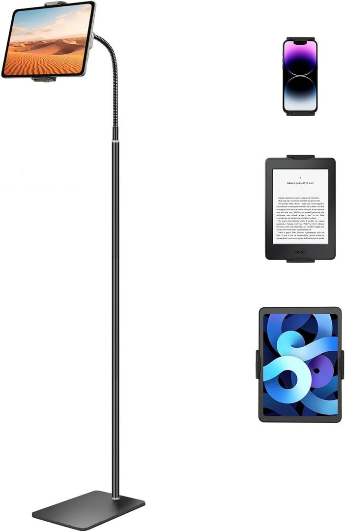 iPad Stand, Height Adjustable Tablet Floor Stand with Flexible Gooseneck, Overhead Tablet Holder for Bed, Compatible with iPad mini Air Pro 12.9/9.7, Cell Phones, Kindle, Switch, E-Readers