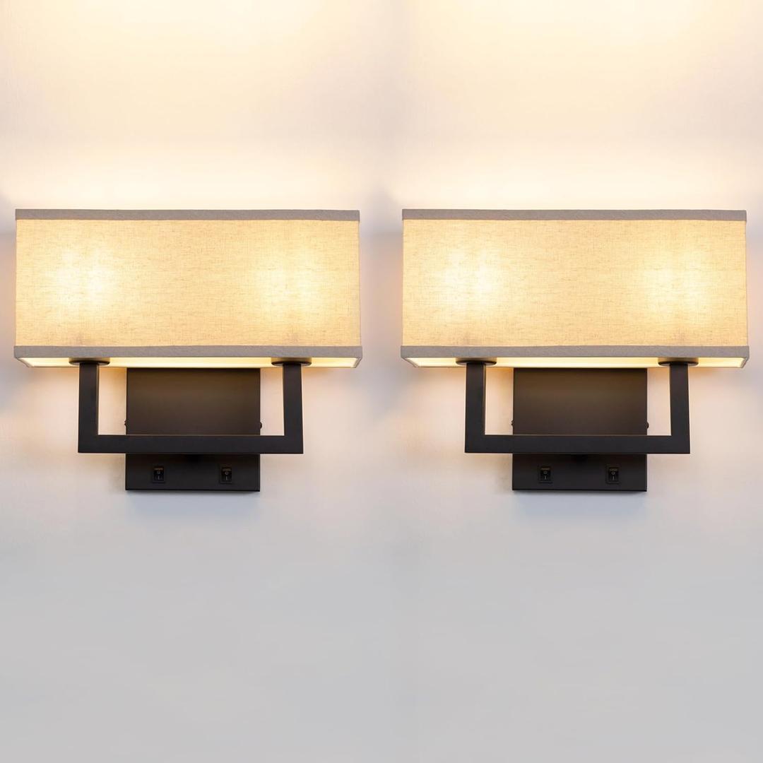 Yosoan Set of 2 Linen Fabric Boho Wall Sconce Bedside Light with On Off Switch, 2-Light Finished Hardwired Vintage Industrial Dual Wall Mount Lamp Square Shade for Bedroom Living Room Stairwell(Black)