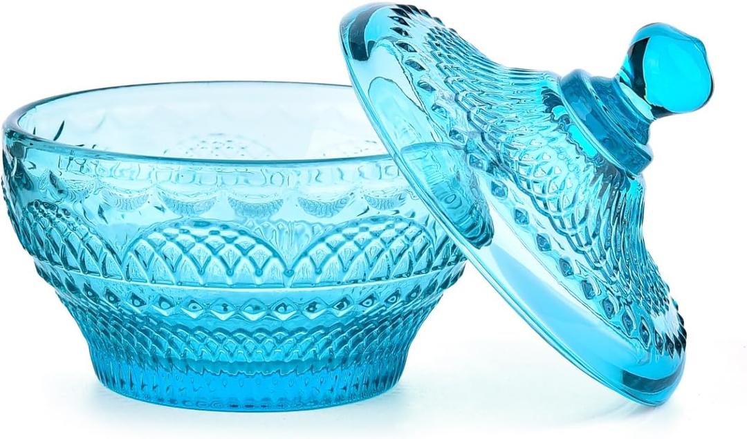 Sungmor Vintage Embossed Glass Candy Storage Jars w/Lid, Decorative Colorful Crystal Candy Dishes Blue Cookie Container, Pretty Covered Bowls for Chocolate Dessert Icecream Buffet