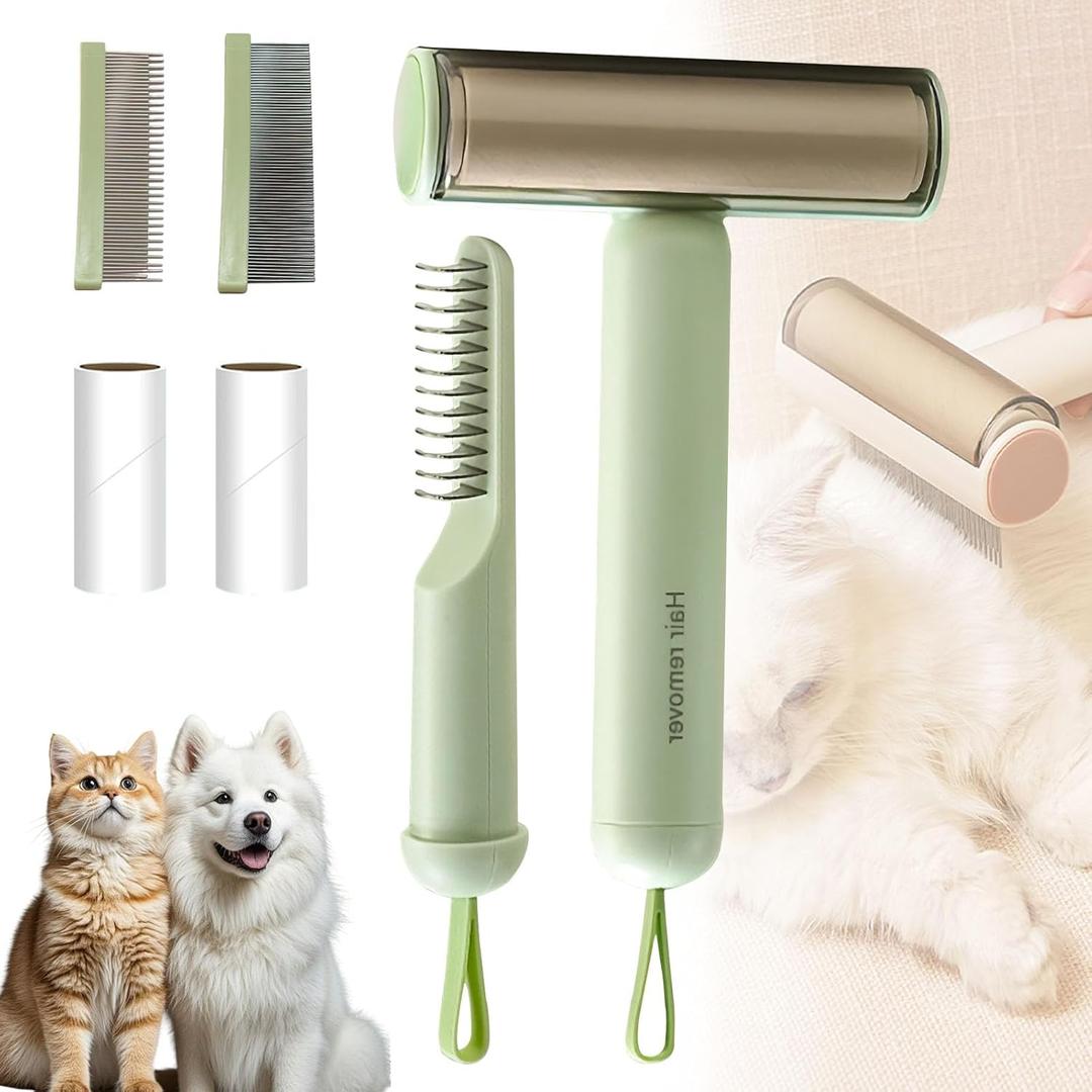 3-in-1 Pet Grooming Brush for Dogs & Cats | Deshedding & Dematting Comb with Built-in Lint Roller | Use with Our Sticky Hair Remover for Complete Fur Care (Green)