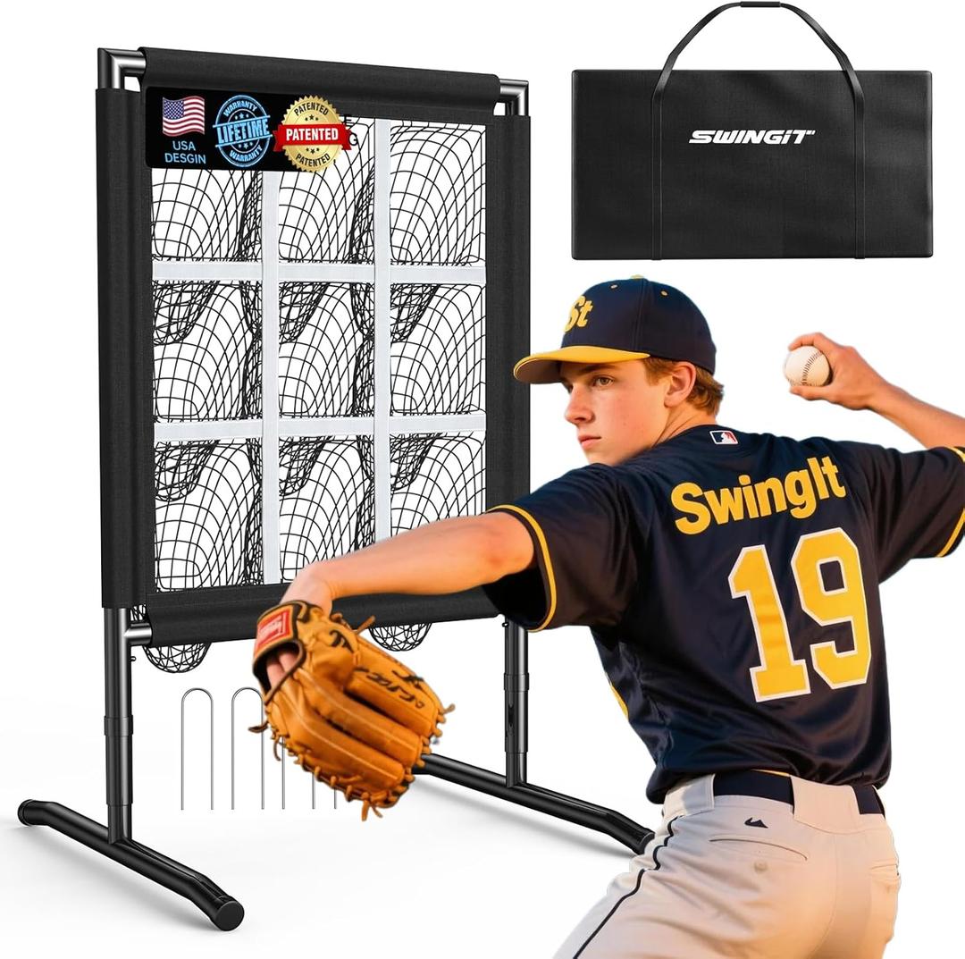 9 Hole Pitching Net with Pitching Target Pockets Portable Baseball Net Adjustable Pitcher Training Equipment with Throwing Target Carry Bag and Strike Zone, Great for All Skill Levels (Black)