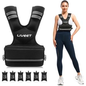 Liveet Adjustable Weighted Vest for Women Men, 11-20lb Weight Vest with 6 Ironsand Bags, Running Vest with Reflective Strips Adjustable Buckle Straps for Walking Strength Training