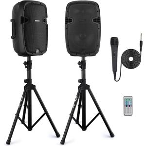 Pyle Wireless Portable PA system - 1000W High Powered Bluetooth Compatible Active + Passive Pair Outdoor Sound Speakers w/ USB SD MP3 AUX - 35mm Mount, 2 Stand, Microphone, Remote - Pyle PPHP1049KT