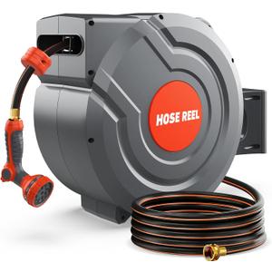 Retractable Garden Hose Reel,Wall Mounted 100 ft 5/8 Inch Automatic Return, Any-Length Lock, 9-Pattern Sprayer, 180° Swivel, Durable Water Hose Reel for Yard and Home