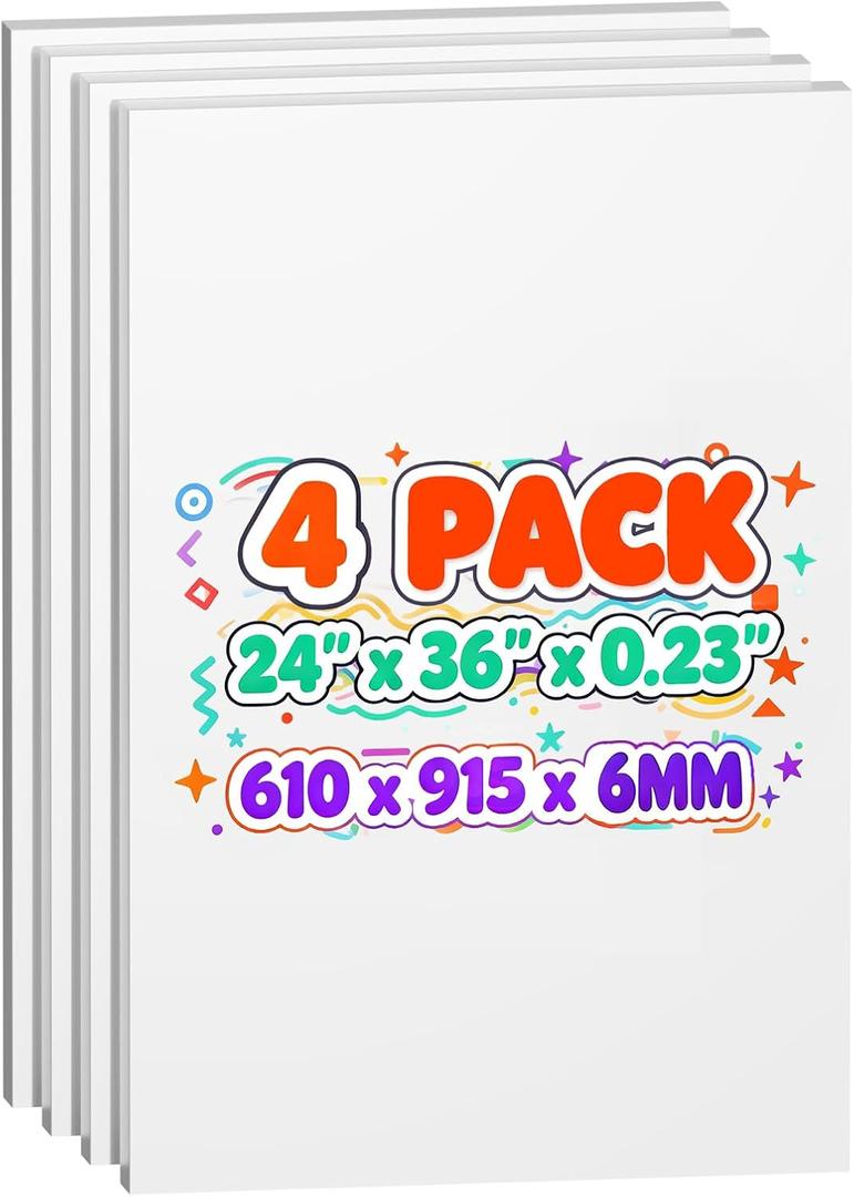 4 Pack Foam Board 24"x36", 0.23 Inch Thickness White Poster Board, Double-Sided Acid-Free Foam Core Board, Large Lightweight Polystyrene Mat Board for Painting, Display, Craft & School Projects