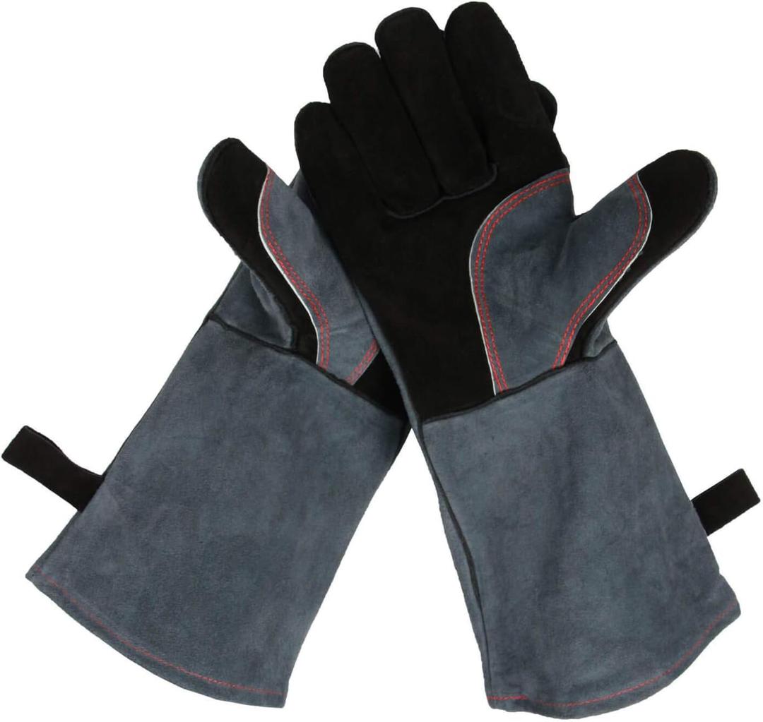 OZERO 932 Grill BBQ Gloves 16-inch Heat Resistant Leather Forge Welding Glove with Flame Retardant Long Sleeve and Insulated Lining for Men and Women Black-gray