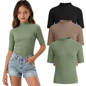 3 Pack Girls' Shirts Teen Summer Tops Mock Turtleneck Slim Fit Ribbed Half Sleeve Fashion Tees Kids Clothes Trendy 11-12Y