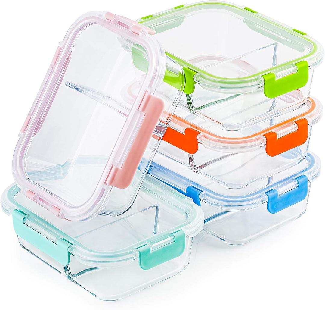 CREST Glass Meal Prep Containers 2 Compartment Set, 5-Pack, 34oz,Divided Bento Lunch Boxes with Lids for Adults (Multicolor)