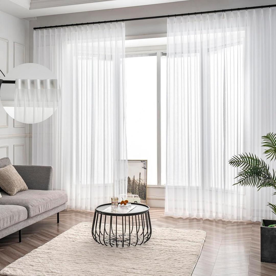 Off White Pinch Pleated Sheer Curtains 96 Inches Long 2 Panels, Thin Textured Linen Look Living Room Drapes Window Decor, Ivory Sliding Glass Door Curtain with Rings & Hooks & Back Tab
