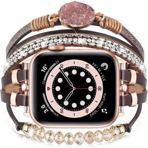 VISOOM Beaded Boho Bracelet Compatible for Apple Watch Band 40mm/38mm/41mm/42mm Series 10 9 8 7 SE Series 6/5/4 Women Leather Handmade Multilayer Wrap Watch Strap for iWatch Bands 3/2/1 Replacement