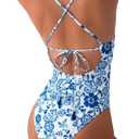 Floerns Women's Floral One Piece Swimsuit Tummy Control Scoop Neck Drawstring Monokini Bathing Suit Swimwear (Medium, Blue Plant)