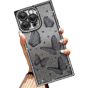 Glitter Case Made for iPhone 16 Pro 6.3 Inch Bling Phone Case with Butterfly Diamond Design Soft TPU Shockproof Anti-Scratch Phone Cover for Women - Black