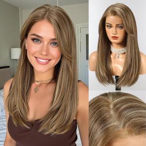 HAIRCUBE 13x6 HD Transparent Lace Front Wig, Brown Highlight Long Straight Synthetic Wig Glueless Wig with Natural Density Hairline & Adjustable Cap (#F8/27/88)