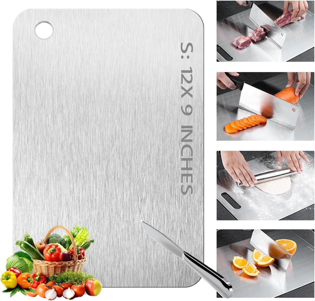 Megecy Titanium Cutting Board-2025 Top Titanium Cutting Boards for Kitchen/Double Sided Titanium Cutting Mat,Stainless Steel Food Grade Cutting Boards,Stainless Non Stick Chopping Board（7.67*11.81in）