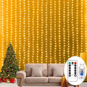 300 LED Fairy Curtain Lights, 9.8x9.8Ft Led String Lights 8 Modes Christmas String Hanging Lights with Remote for Bedroom Wedding Party Decoration (Warm White, 9.8ft x 9.8ft)