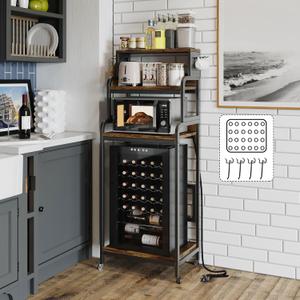 COCOLUCKY 4-Tier Mini Fridge Stand with Storage,Mini Fridge Cabinet with Power Outlet,Pegboard,Bakers Rack with Storage Shelf,Microwave Oven Stand,Mini Fridge Shelf for Dorm(Vintage Brown)