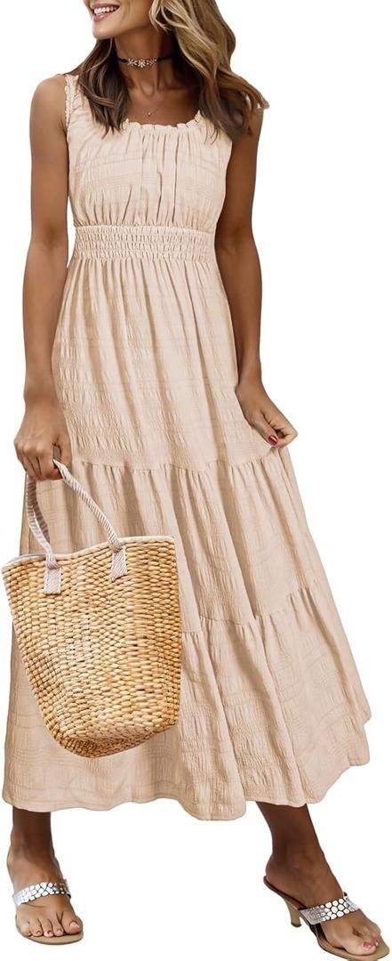 AlvaQ Women Summer Dresses Sleeveless Smocked Midi Dress High Waist Casual Tiered A Line Sundress with Pockets (Beige, L)