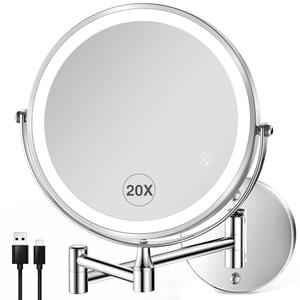 20X/1X Wall Mounted Lighted Makeup Mirror with Light, 8.5'' Double Sided Rechargeable Magnifying Bathroom Mirror, 3 Color Lights Touch Dimmable Extended Arm 360 Rotation Light up Magnification Mirrors