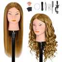 Mannequin Head with 100% Human Hair, MYSWEETY Doll Head for Hair Styling, Manikin Head Cosmetology Makeup Hairdressing Training Head with Clamp Holder and Tools (18" Brown, Makeup)