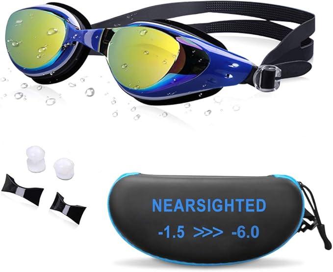Nearsighted Swim Goggles, Shortsighted Swimming Goggles (-8, Mirrored Coating Blue 19)