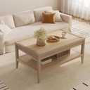 SICOTAS Rattan Coffee Table for Living Room - Boho Rectangular Dining Center Table with 2 -Tiers Rattan Storage Shelf, Farmhouse Accent Table for Living Room, Home Office, Light Oak, 1 Piece