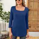 TICTICMISS Women's 3/4 Sleeve Shirts Square Neck Solid Color Summer Tops Dressy Casual Ladies Blouses Tops B-Navy Blue, Small (Blue, S)