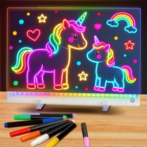 Rechargeable Led Drawing Board for Kids, 11.8*7.9" Dry Erase Board, 4 Modes &7 Colors Glow Doodle Note Board, Include Hanging Chain, 2 Stands, 8 Markers, Spray Bottle, Cleaning Cloth, Christmas Gifts