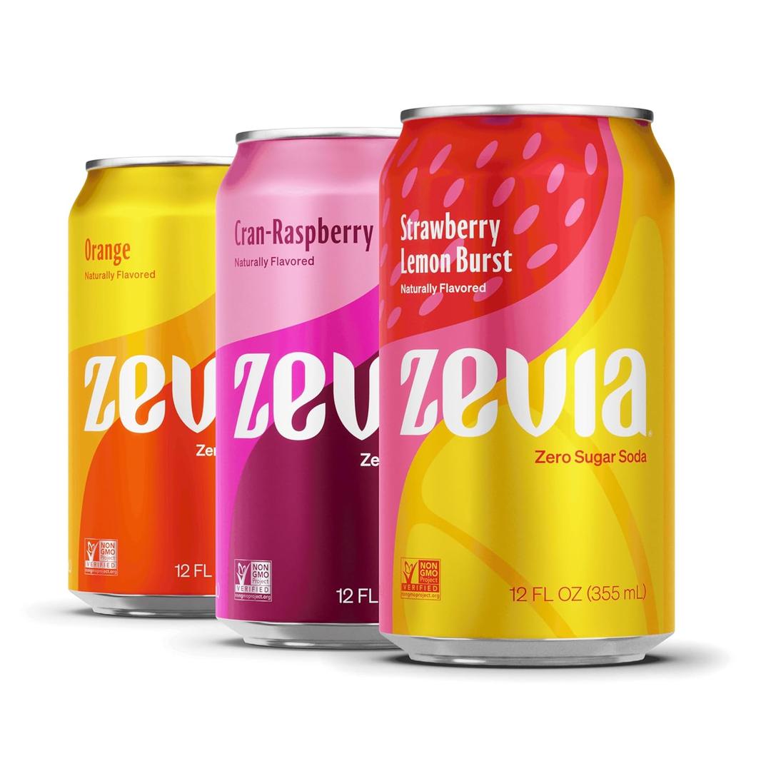 Zevia Zero Sugar Soda, Fruity Variety Pack, 12 oz Cans (24-Pack) – Naturally Sweetened, Zero Calorie Sugar Free Soda - Non-GMO Project Verified, Gluten-Free, Vegan, Best By: 08-14-2026 Zevia Zero Sugar Soda, Fruity Variety Pack, 12 oz Cans (24-Pack) – Naturally Sweetened, Zero Calorie Sugar Free Soda - Non-GMO Project Verified, Gluten-Free, Vegan, Best By: 08-14-2026