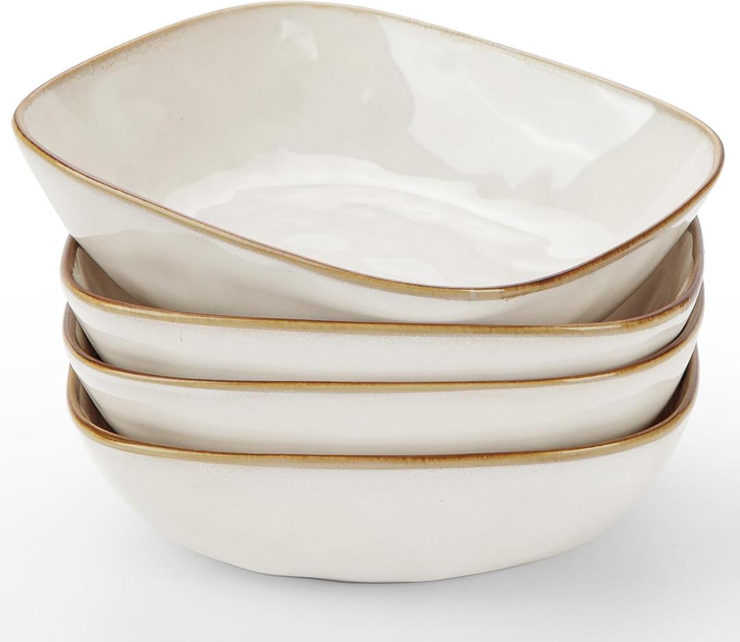 famiware Large Pasta Bowls Set of 4, Ocean Square 8" Bowls, Pasta Serving Bowl Large Dinner Bowls, Kitchen Bowl Set, Microwave and Dishwasher Safe, Scratch Resistant, Cappuccino White