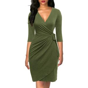 Berydress Women's Classic 3/4 Sleeve V Neck Sheath Casual Party Work Faux Black Wrap Dress (Large, Army Green)
