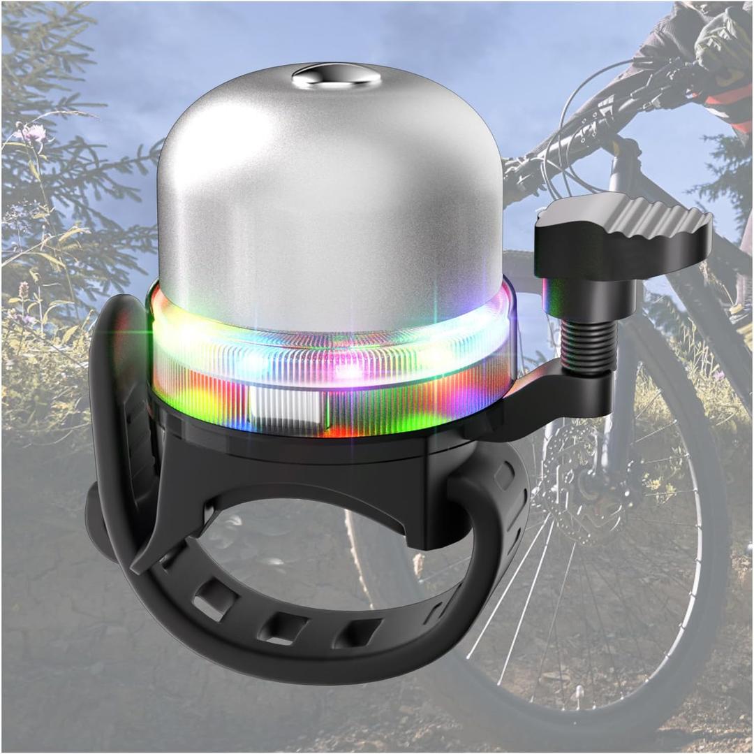 Bike Bell for Kids & Adults, Bicycle Bell for Kids Bikes Accessories Handlebar Mounted 3 Modes Light Clear Crisp Loud Bike Ring, Support Type C Charging (Silver)