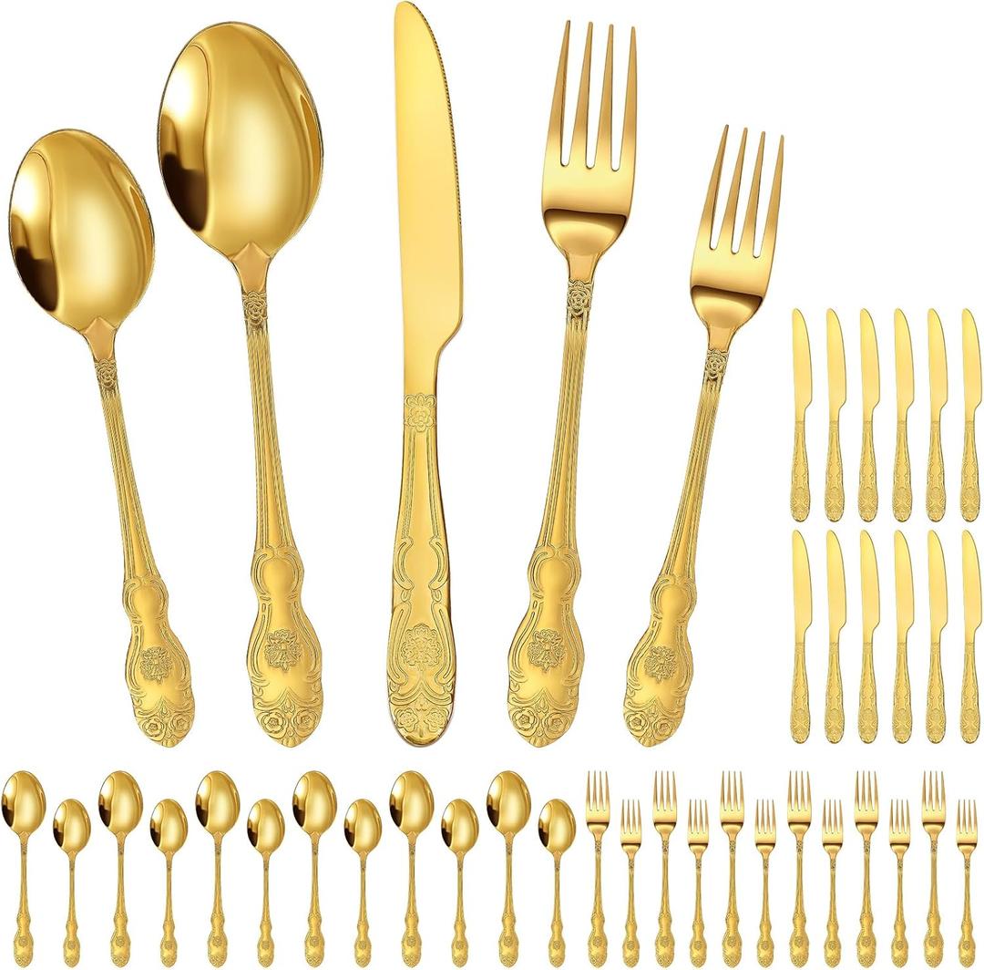 Dandat 60 Pcs Gold Silverware Set Service for 12, Stainless Steel Retro Royal Flatware Tableware Cutlery Utensils Set Including Fork Spoon and Knife for Home Kitchen Restaurant Wedding