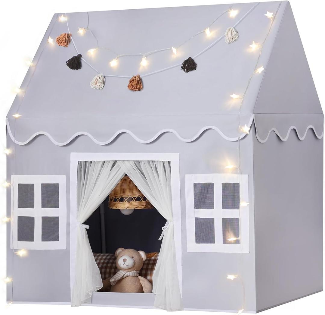Kids Play Tent Indoor: Mat, Tassel Garland, Star Lights - Gray Girl Tent Playhouse for Boys Kids Toys for Boy Girl Birthday Gift
