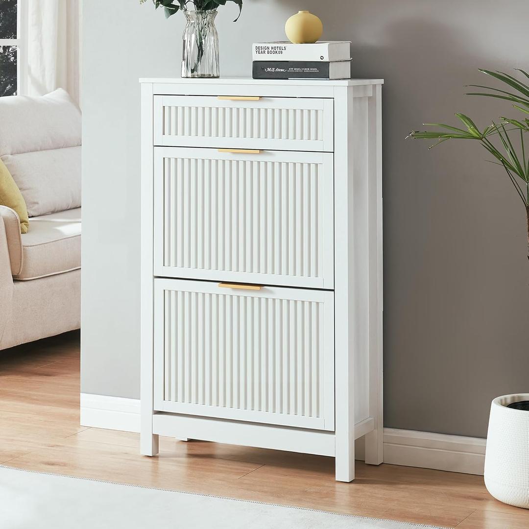 2 Flip Drawers Shoe Cabinet Storage for Entryway, Narrow Shoes Organizer Cabinet for Front Door Entrance, Free Standing Hidden Wooden Hallway Shoe Rack(White) (Medium)