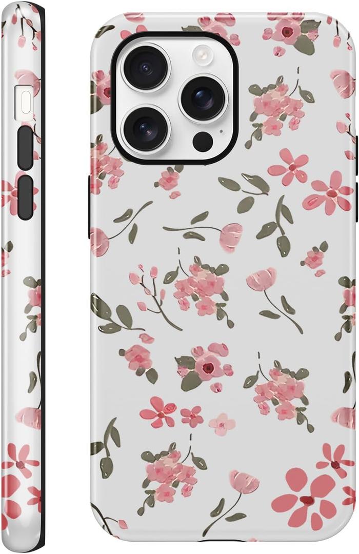 Pink Flower Phone Case for iPhone 16 Pro Cute Floral Phone Case for iPhone 16 Pro Vintage Girly Trendy Slim Fit TPU Shockproof Protective Cover for Girls Women