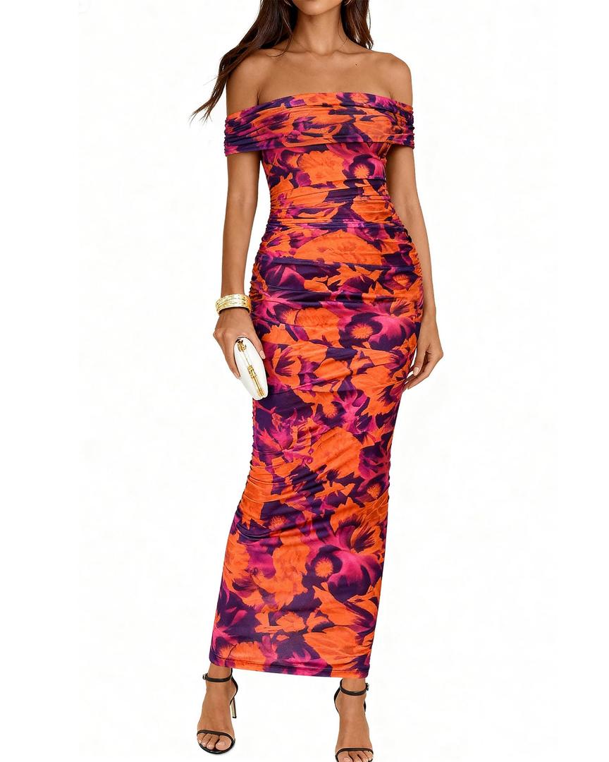 BTFBM Cocktail Dresses for Women 2026 Elegant Classy Off Shoulder Bodycon Mesh Slit Floral Maxi Spring Summer Dress(Floral Purple Orange, X-Large) (XS)